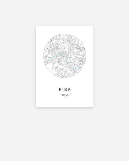 Affiche minimaliste de Pisa représentant le plan de la ville en design épuré.