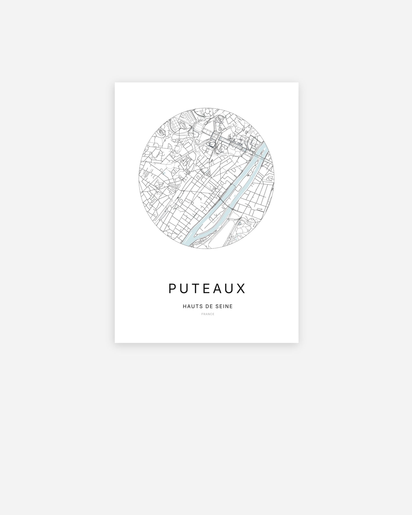 Affiche minimaliste de Puteaux représentant le plan de la ville en design épuré.