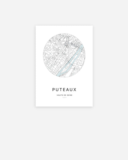 Affiche minimaliste de Puteaux représentant le plan de la ville en design épuré.
