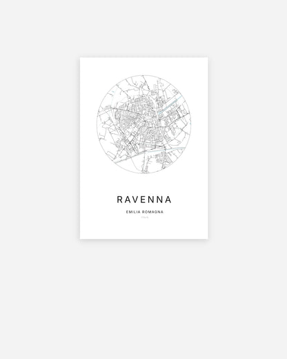 Affiche minimaliste de Ravenna représentant le plan de la ville en design épuré.