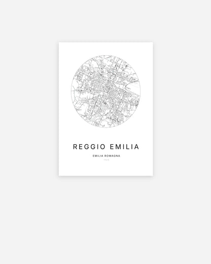 Affiche minimaliste de Reggio Emilia représentant le plan de la ville en design épuré.