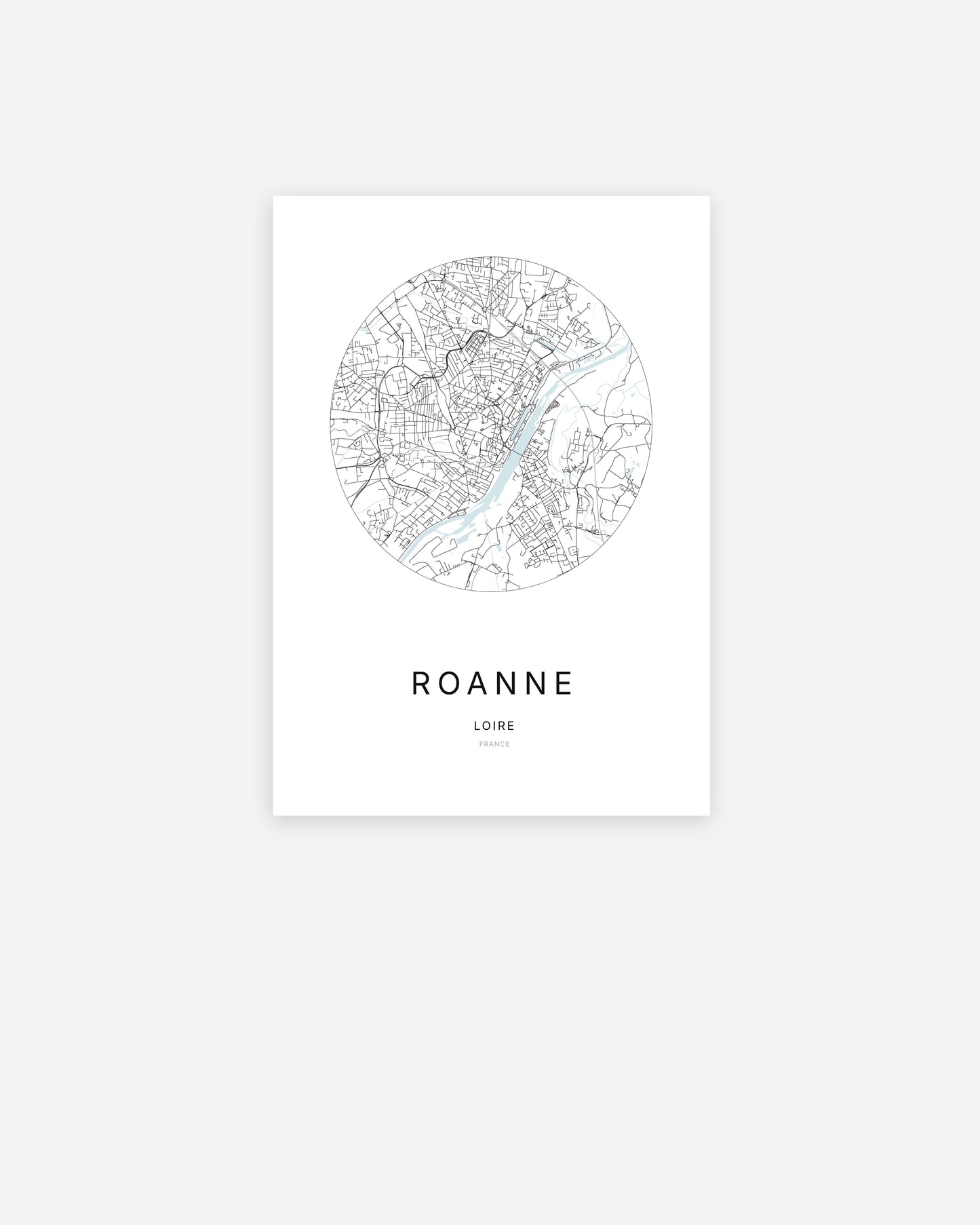 Affiche minimaliste de Roanne représentant le plan de la ville en design épuré.