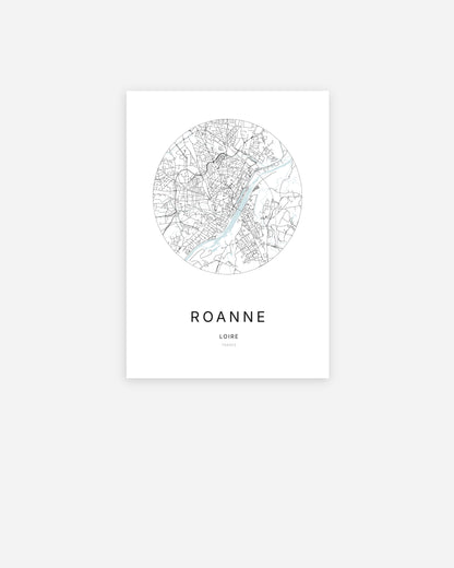 Affiche minimaliste de Roanne représentant le plan de la ville en design épuré.