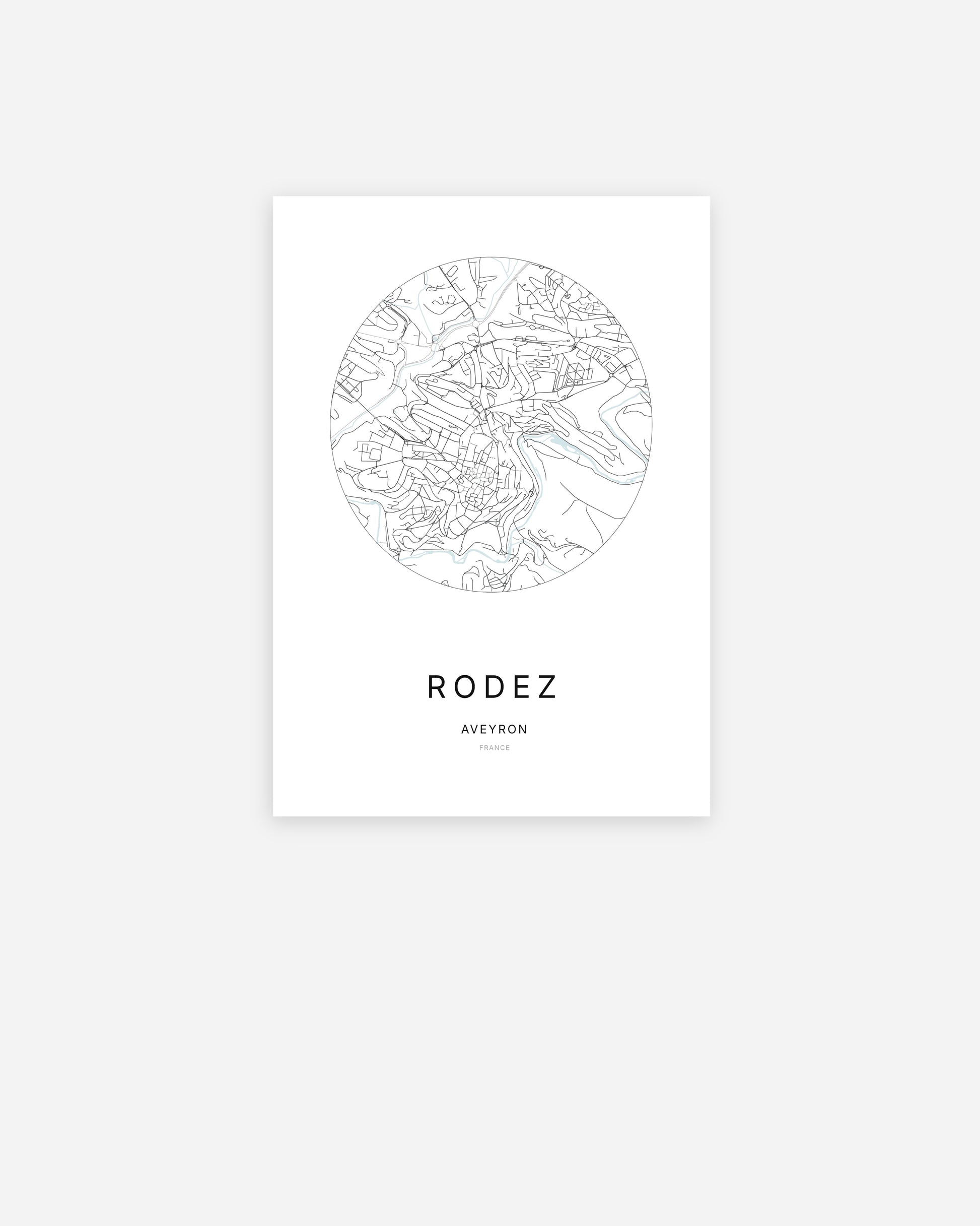 Affiche minimaliste de Rodez représentant le plan de la ville en design épuré.