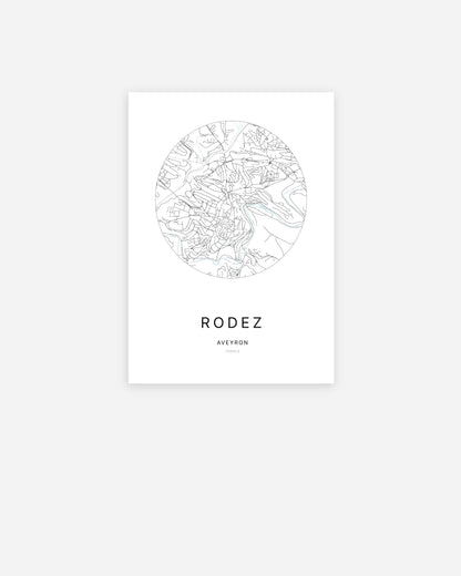 Affiche minimaliste de Rodez représentant le plan de la ville en design épuré.
