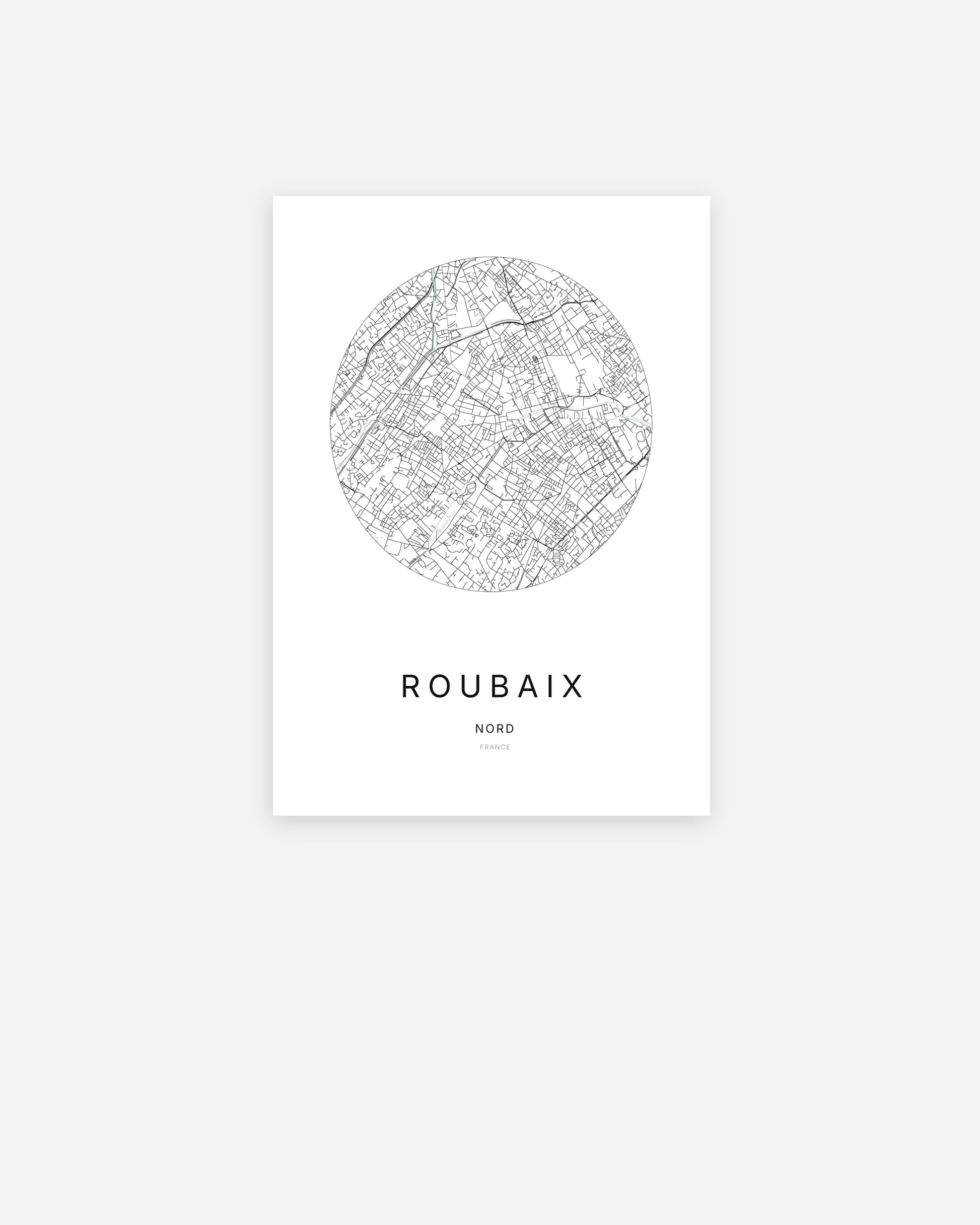 Affiche minimaliste de Roubaix représentant le plan de la ville en design épuré.