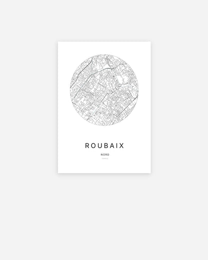 Affiche minimaliste de Roubaix représentant le plan de la ville en design épuré.