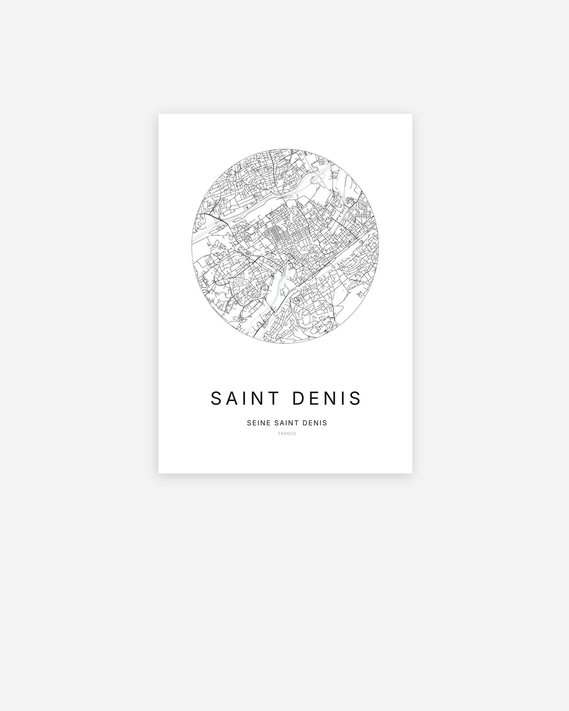 Affiche minimaliste de Saint-Denis représentant le plan de la ville en design épuré.