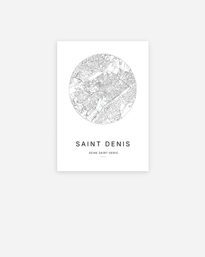 Affiche minimaliste de Saint-Denis représentant le plan de la ville en design épuré.