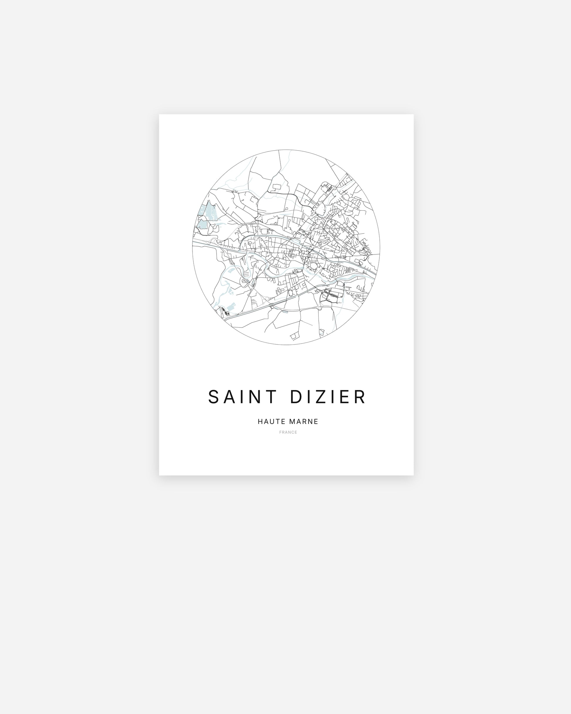 Affiche minimaliste de Saint-Dizier représentant le plan de la ville en design épuré.