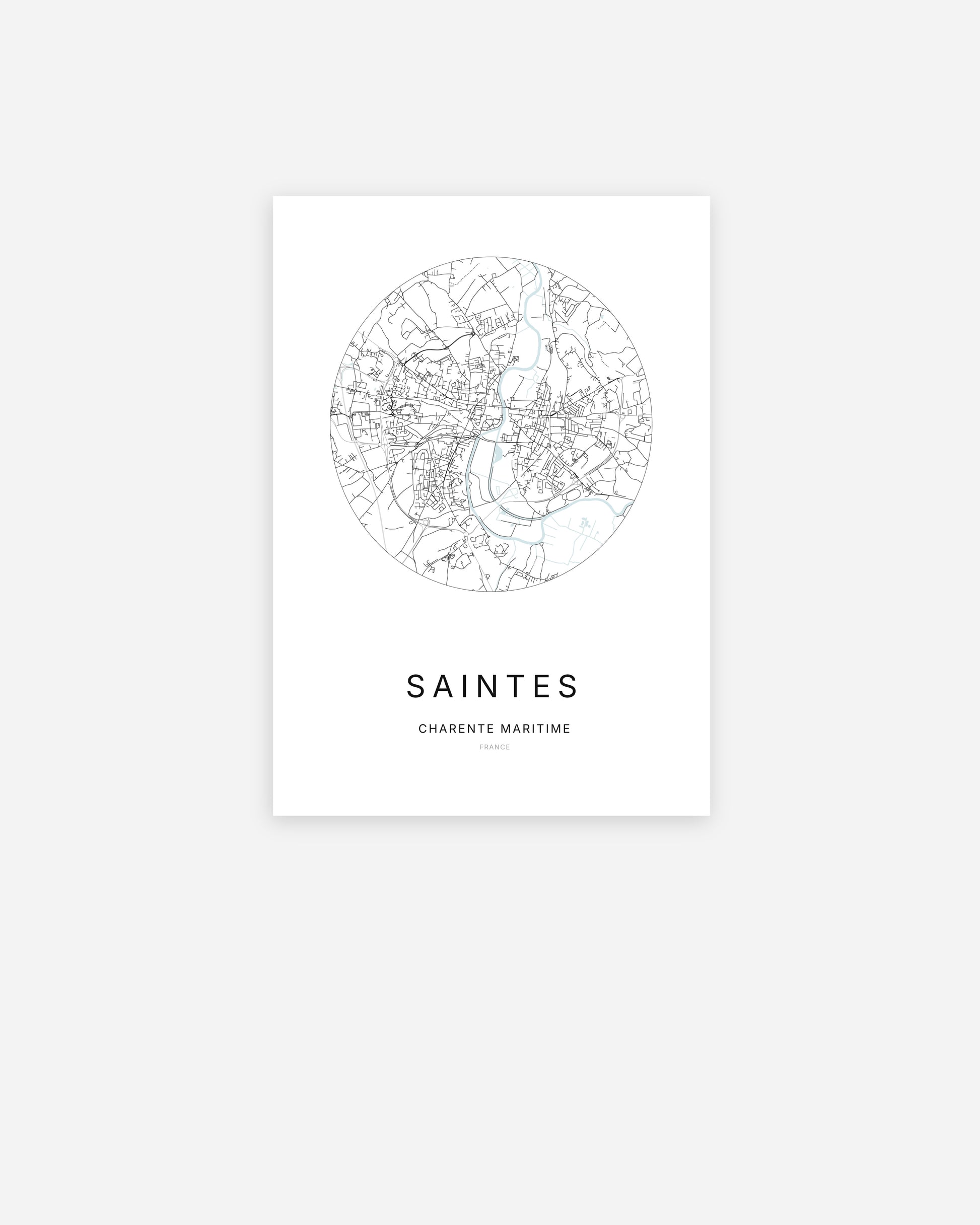 Affiche minimaliste de Saintes représentant le plan de la ville en design épuré.