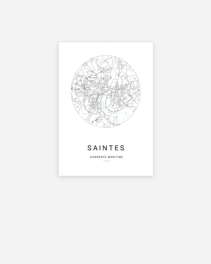 Affiche minimaliste de Saintes représentant le plan de la ville en design épuré.