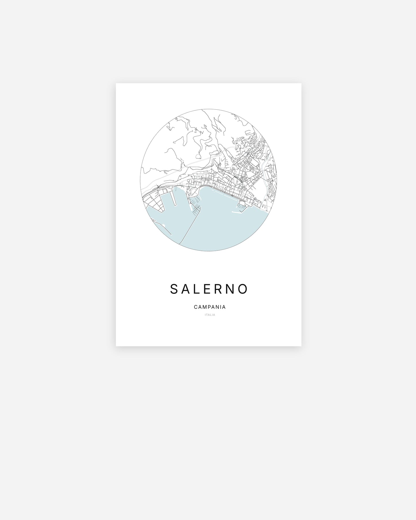 Affiche minimaliste de Salerno représentant le plan de la ville en design épuré.