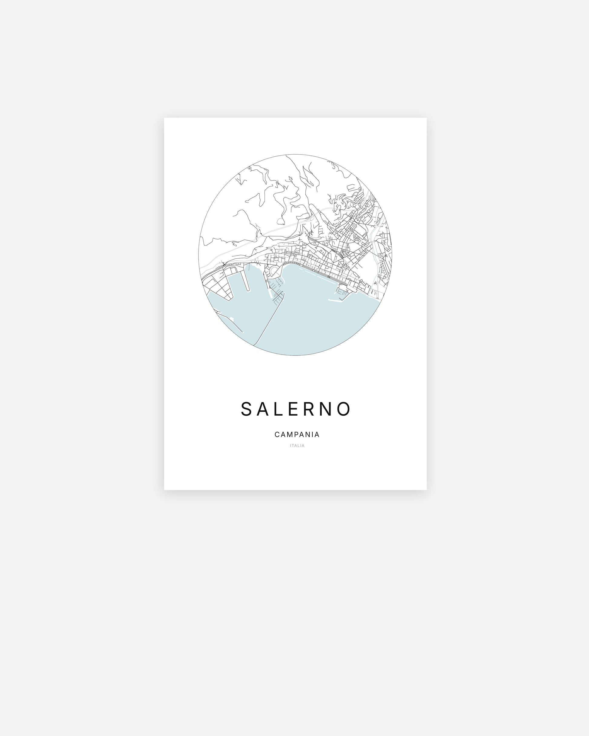 Affiche minimaliste de Salerno représentant le plan de la ville en design épuré.