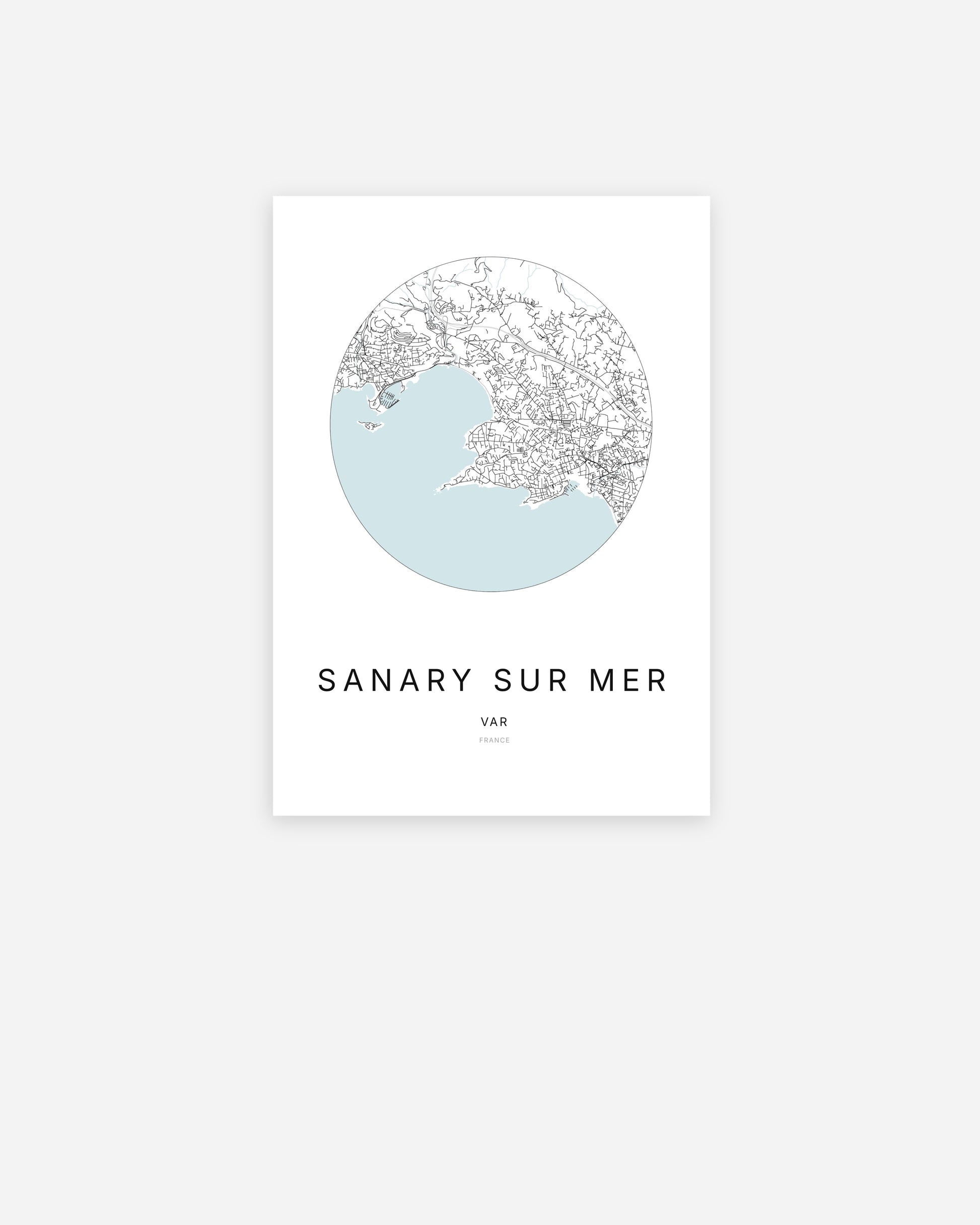 Affiche minimaliste de Sanary-sur-Mer représentant le plan de la ville en design épuré.