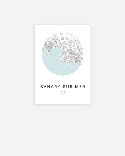 Affiche minimaliste de Sanary-sur-Mer représentant le plan de la ville en design épuré.