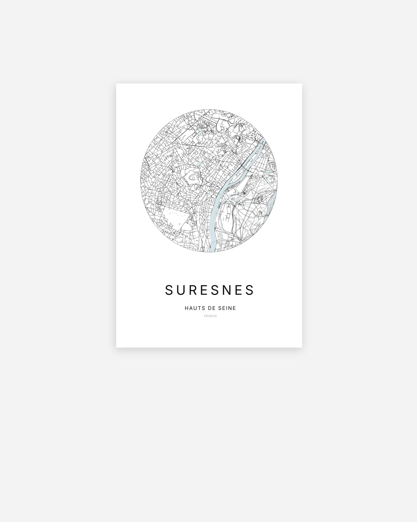 Affiche minimaliste de Suresnes représentant le plan de la ville en design épuré.