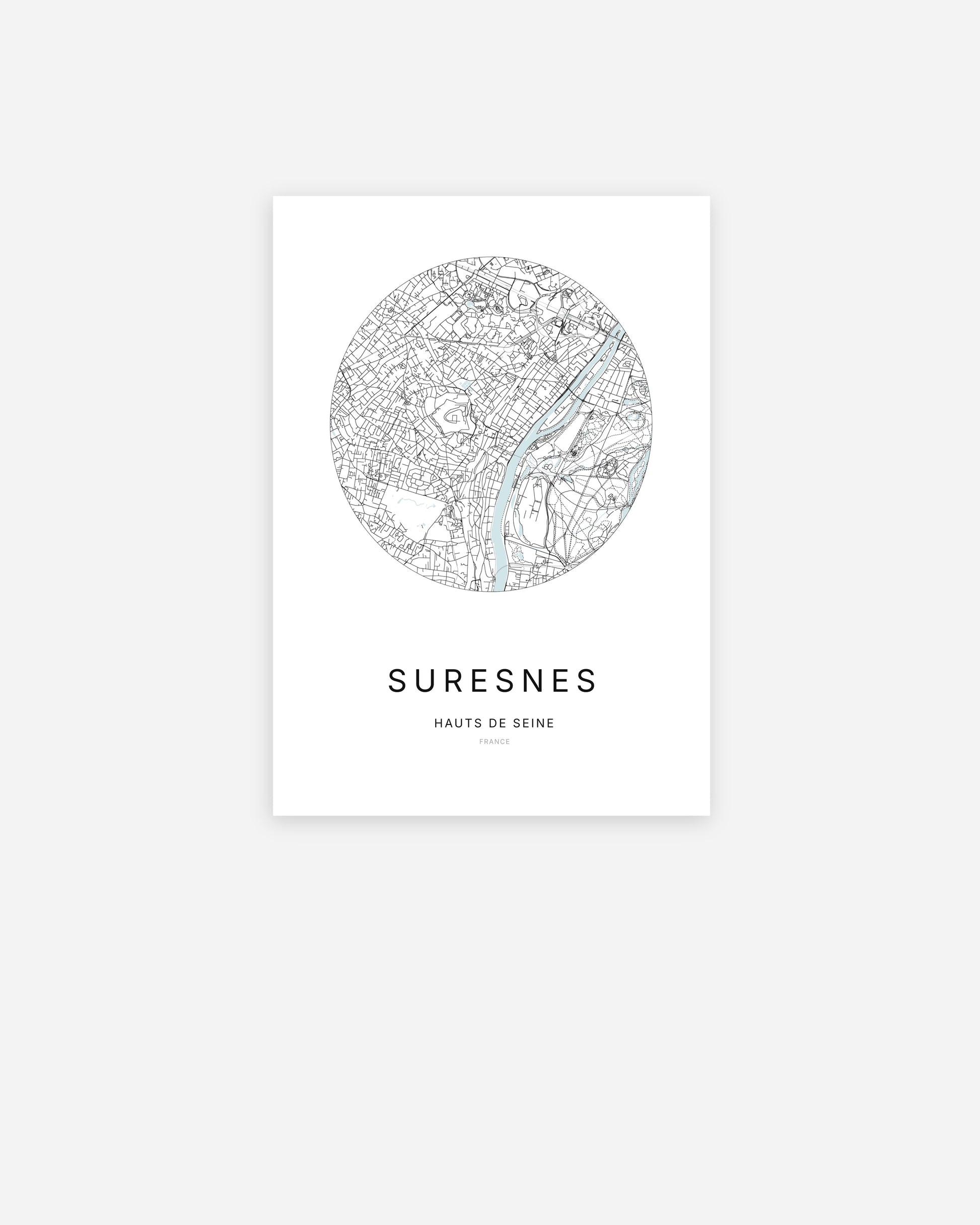 Affiche minimaliste de Suresnes représentant le plan de la ville en design épuré.