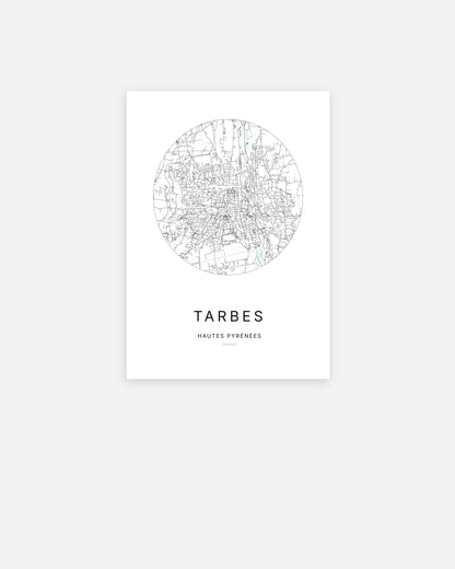 Affiche minimaliste de Tarbes représentant le plan de la ville en design épuré.