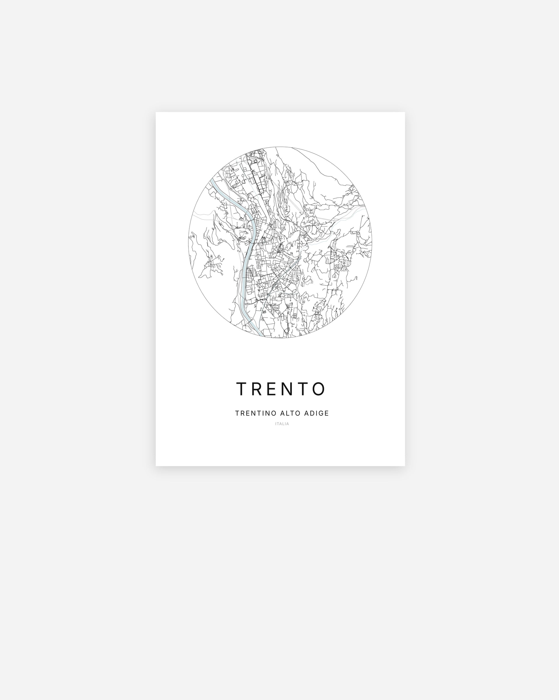 Affiche minimaliste de Trento représentant le plan de la ville en design épuré.