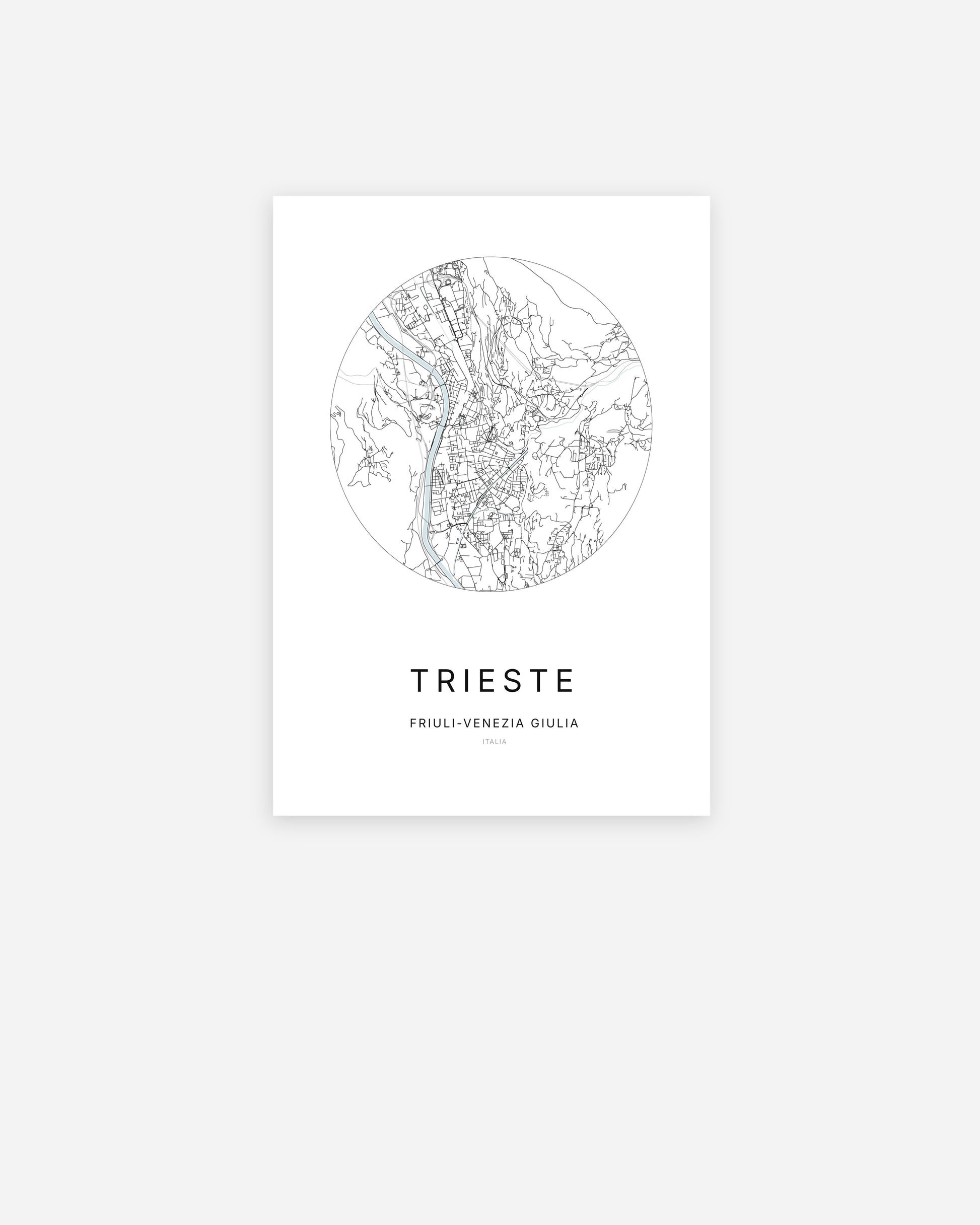 Affiche minimaliste de Trieste représentant le plan de la ville en design épuré.