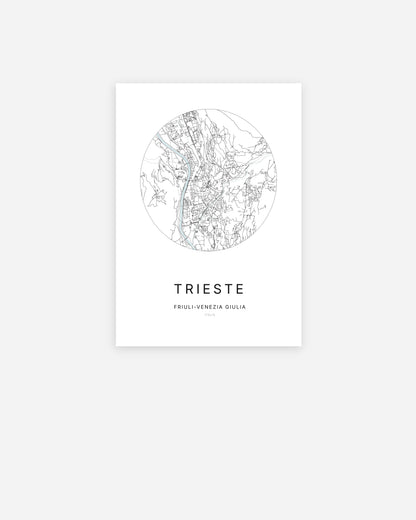 Affiche minimaliste de Trieste représentant le plan de la ville en design épuré.