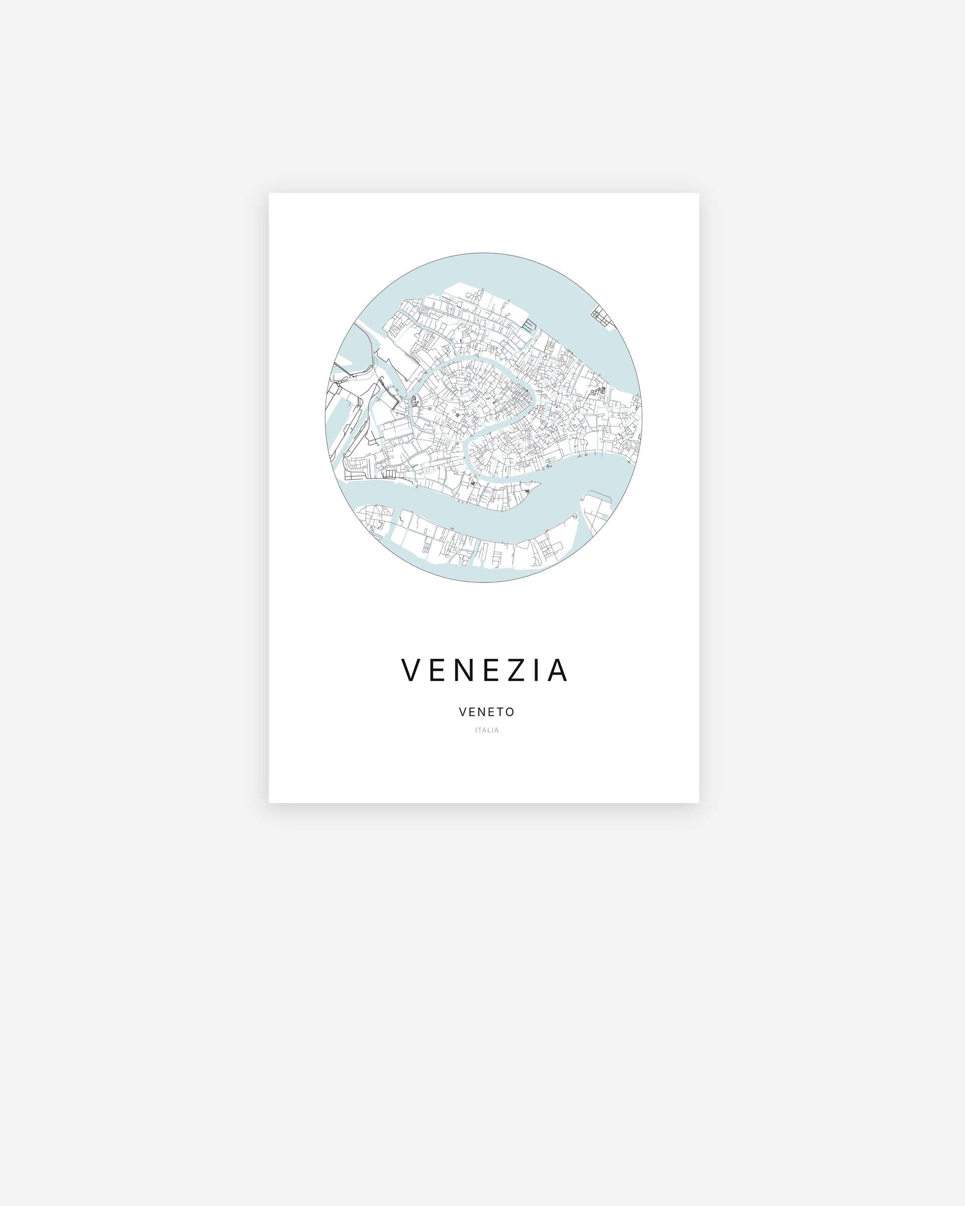 Affiche minimaliste de Venezia représentant le plan de la ville en design épuré.