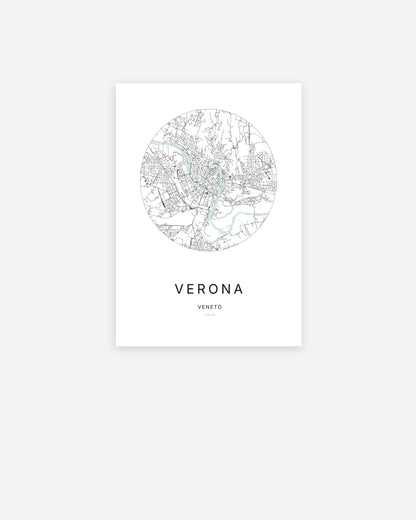 Affiche minimaliste de Verona représentant le plan de la ville en design épuré.