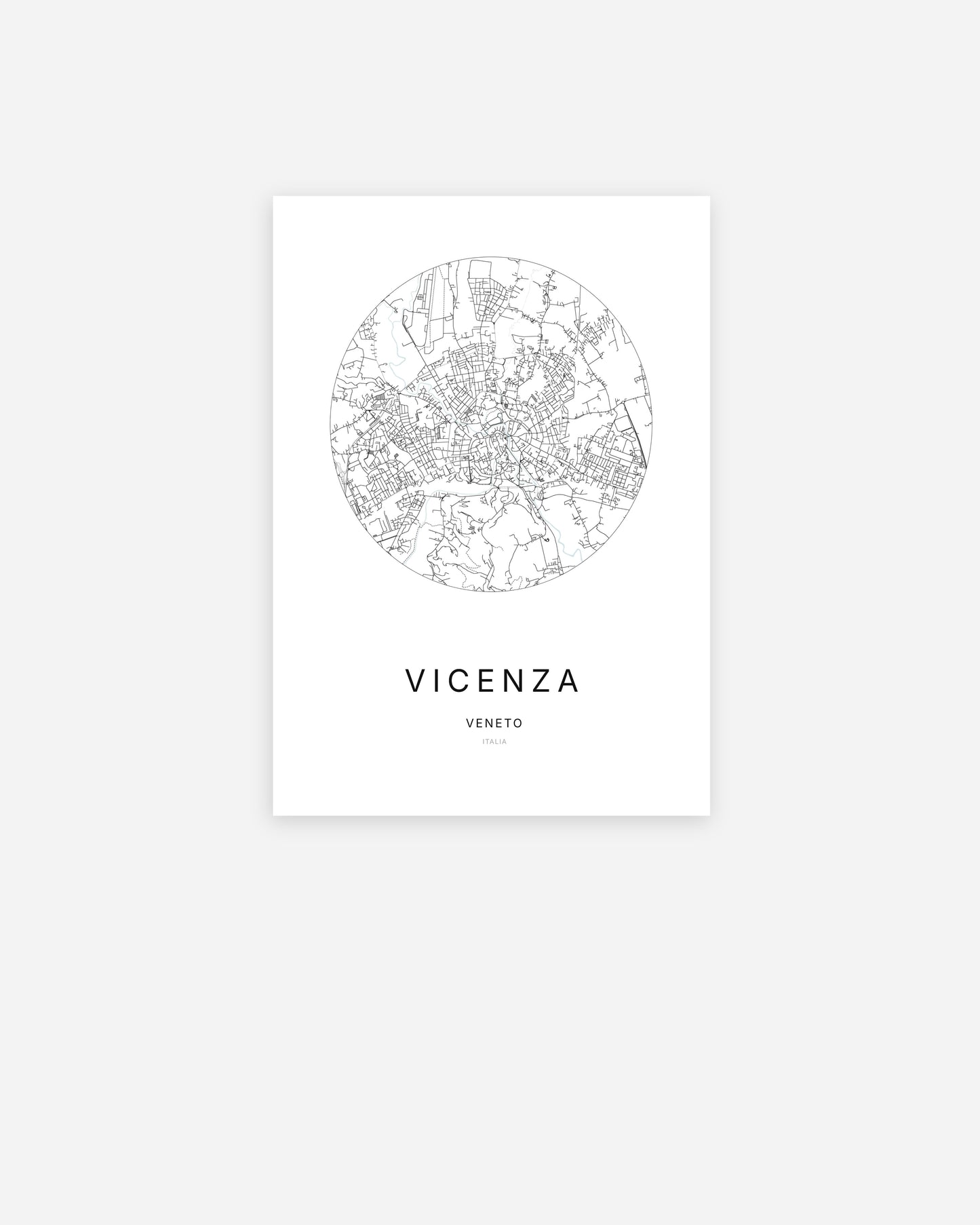 Affiche minimaliste de Vicenza représentant le plan de la ville en design épuré.