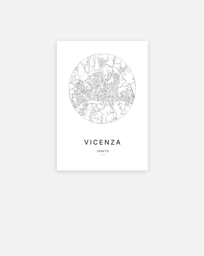 Affiche minimaliste de Vicenza représentant le plan de la ville en design épuré.