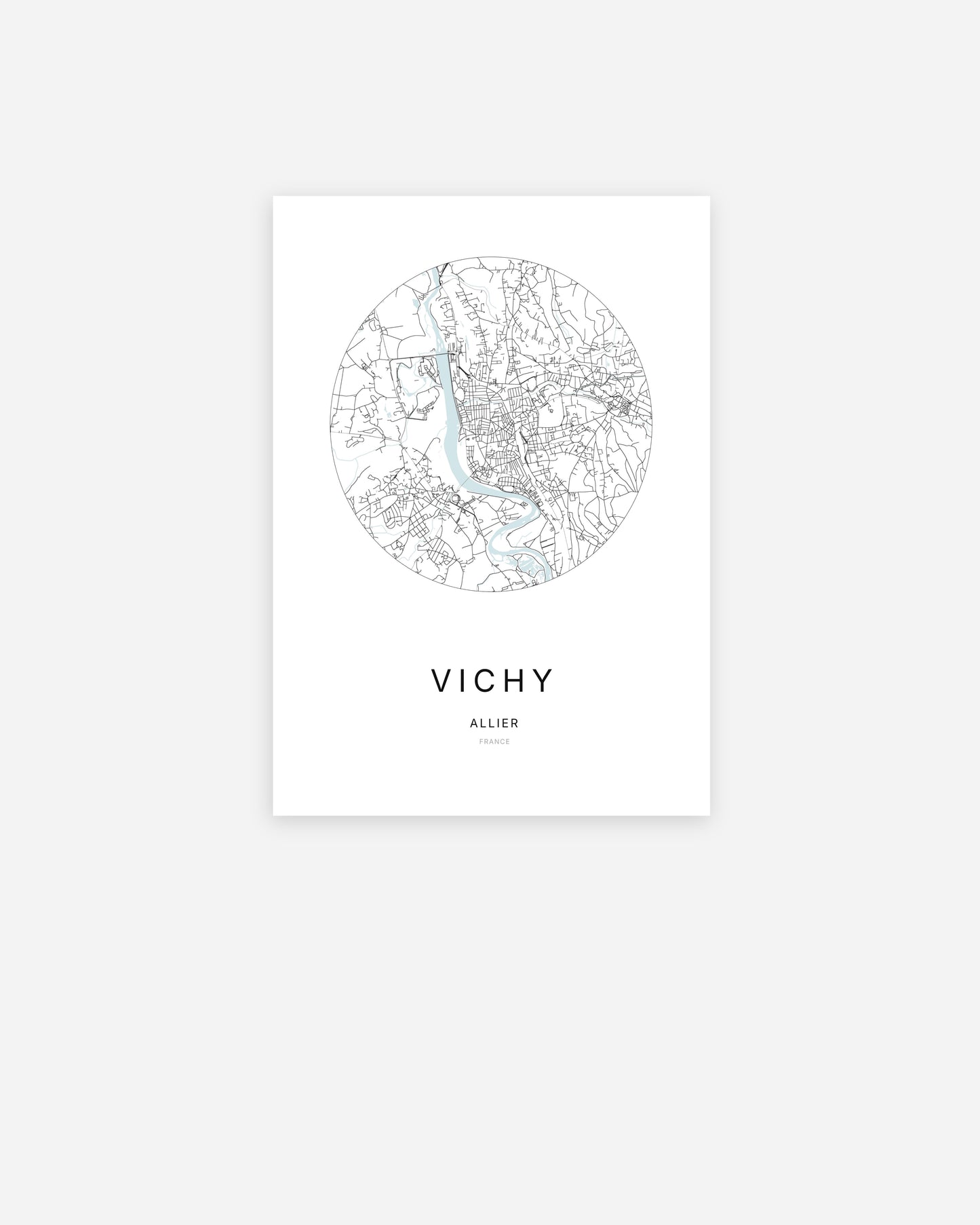 Affiche minimaliste de Vichy représentant le plan de la ville en design épuré.