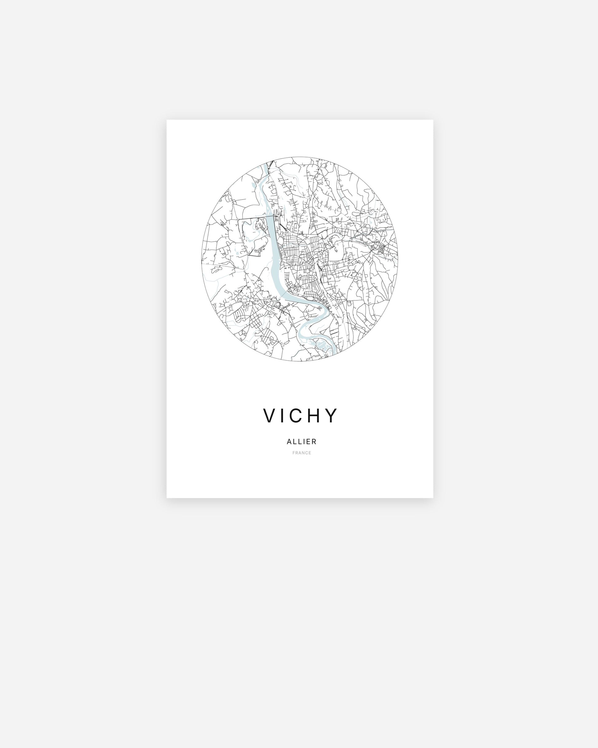 Affiche minimaliste de Vichy représentant le plan de la ville en design épuré.