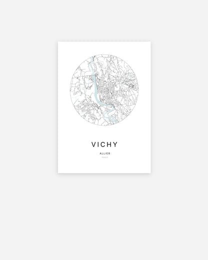 Affiche minimaliste de Vichy représentant le plan de la ville en design épuré.