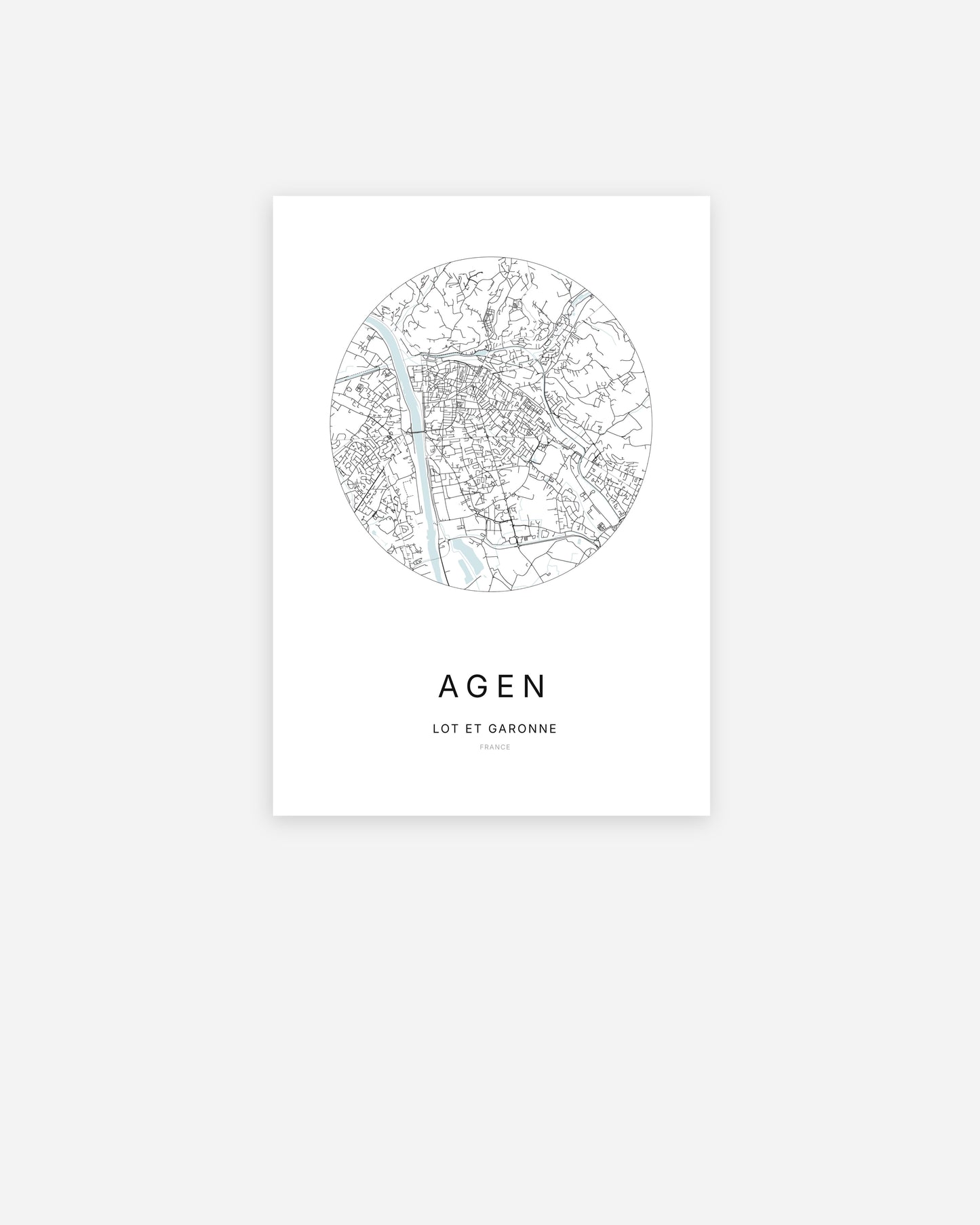 Affiche minimaliste d’Agen représentant le plan de la ville en design épuré.