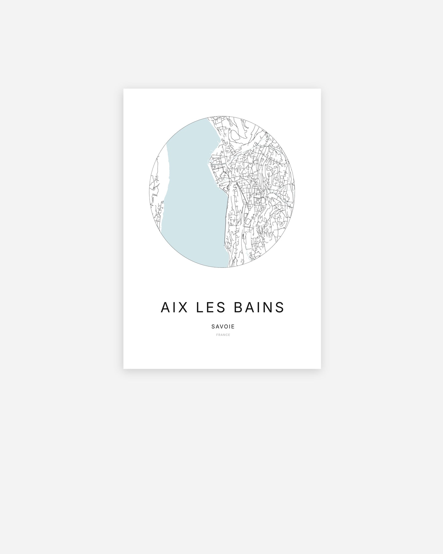 Affiche minimaliste de Aix-les-Bains représentant le plan de la ville en design épuré.