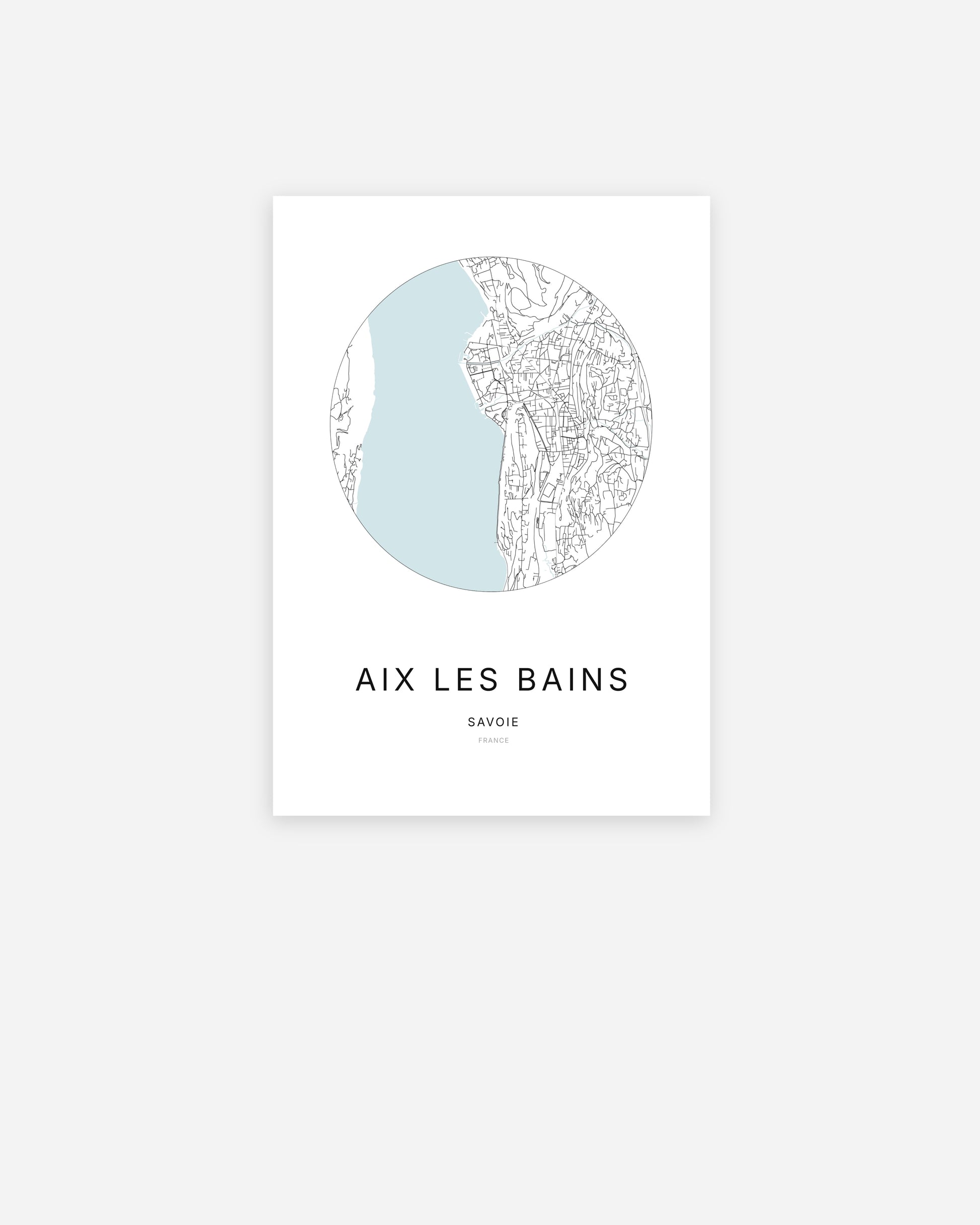 Affiche minimaliste de Aix-les-Bains représentant le plan de la ville en design épuré.