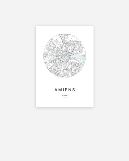 Affiche minimaliste de Amiens représentant le plan de la ville en design épuré.
