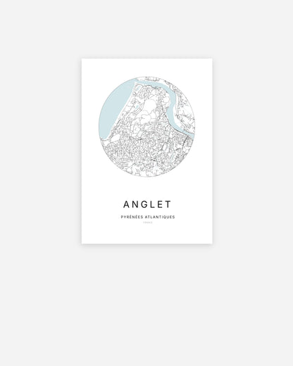 Affiche minimaliste d’Anglet représentant le plan de la ville en design épuré.