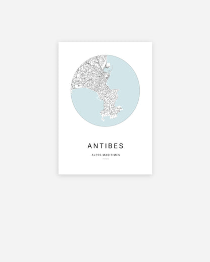 Affiche minimaliste d’Antibes représentant le plan de la ville en design épuré