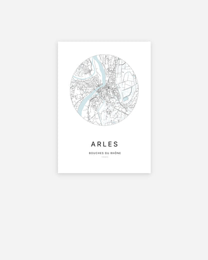 Affiche minimaliste de Arles représentant le plan de la ville en design épuré.