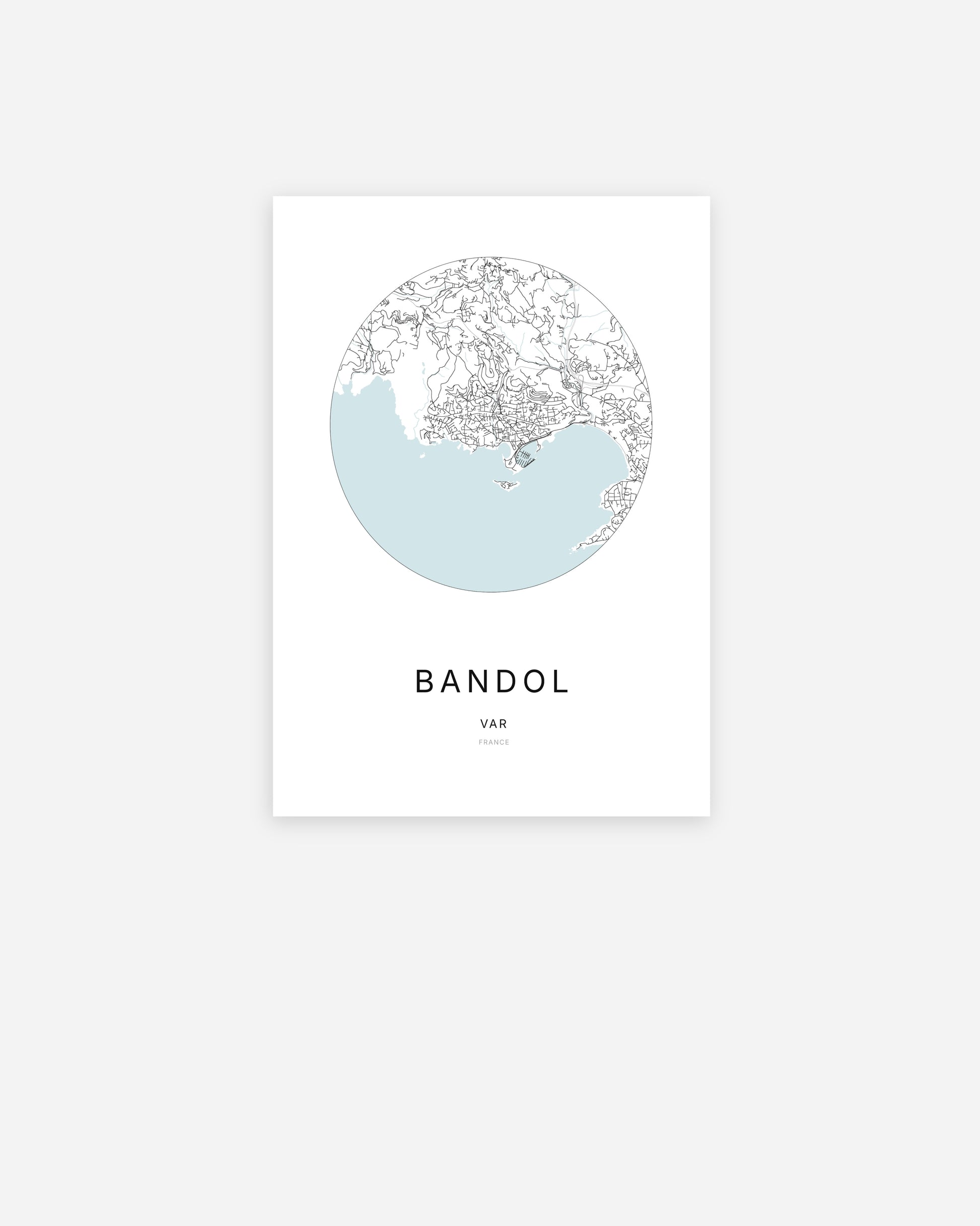 Affiche minimaliste de Bandol représentant le plan de la ville en design épuré.