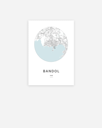 Affiche minimaliste de Bandol représentant le plan de la ville en design épuré.