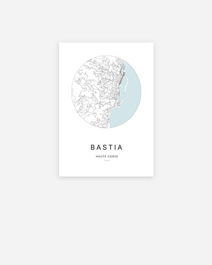 Affiche minimaliste de Bastia représentant le plan de la ville en design épuré.
