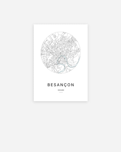 Affiche minimaliste de Besançon représentant le plan de la ville en design épuré.