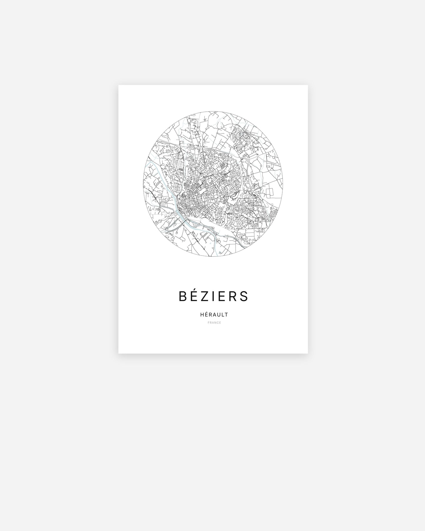 Affiche minimaliste de Béziers représentant le plan de la ville en design épuré.