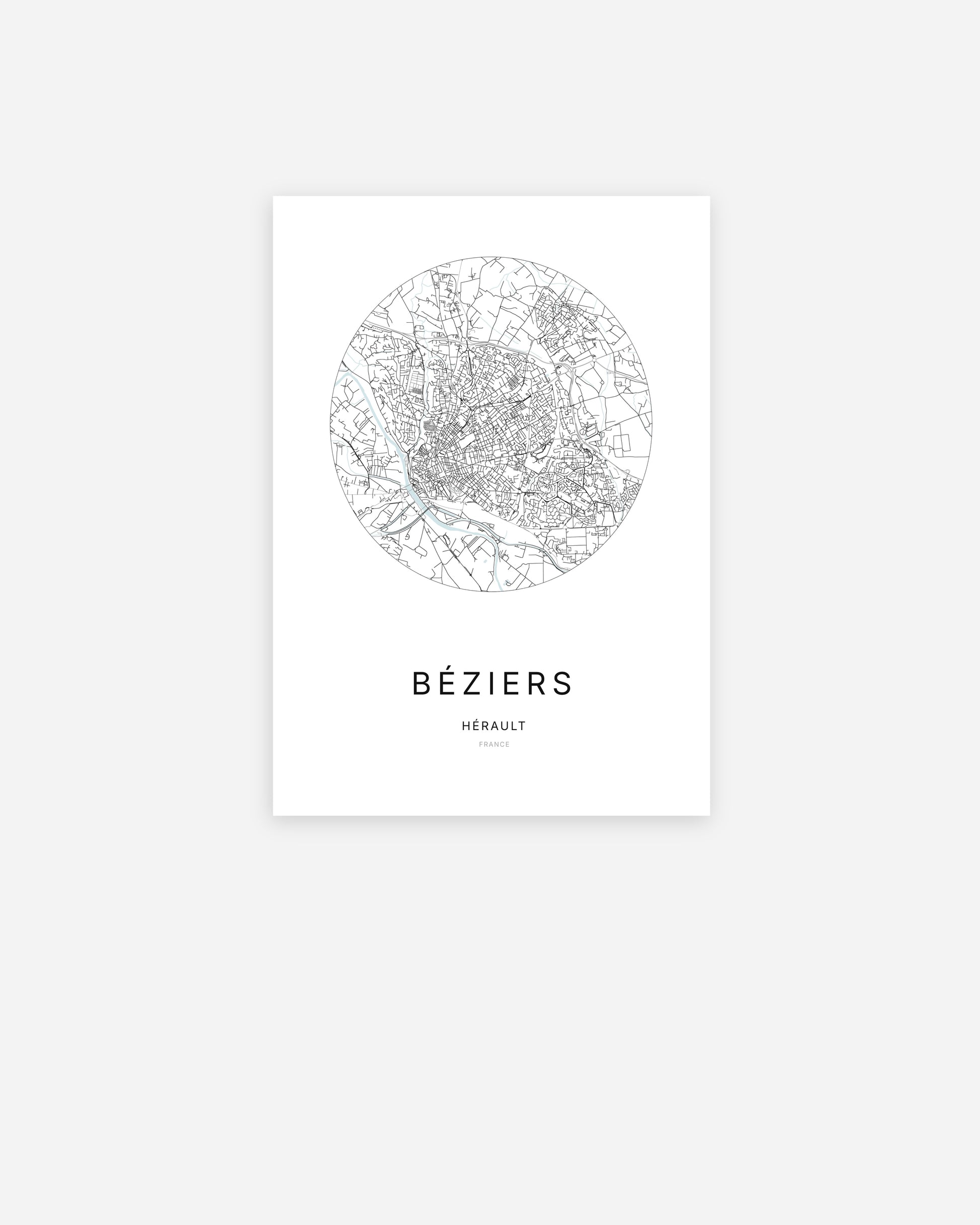 Affiche minimaliste de Béziers représentant le plan de la ville en design épuré.