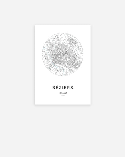 Affiche minimaliste de Béziers représentant le plan de la ville en design épuré.