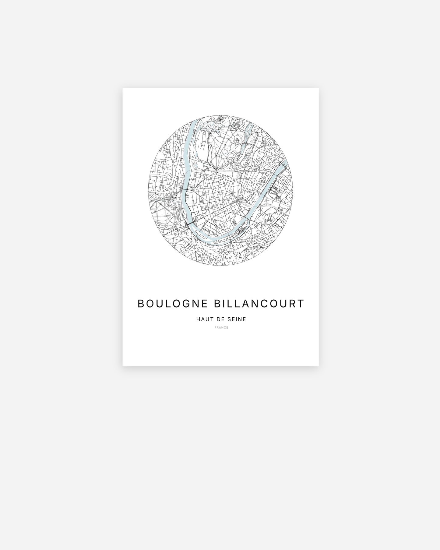 Affiche minimaliste de Boulogne-Billancourt représentant le plan de la ville en design épuré.
