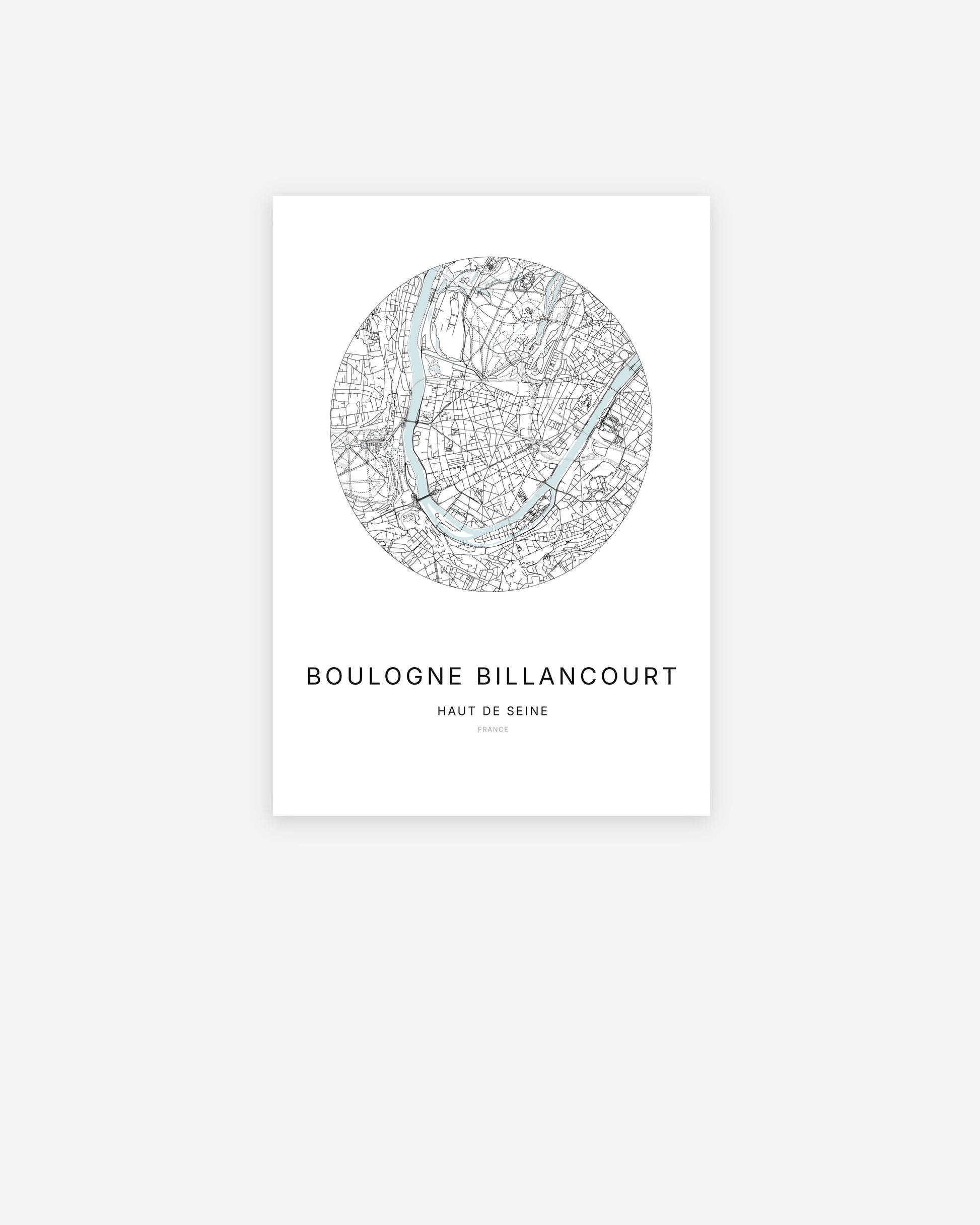 Affiche minimaliste de Boulogne-Billancourt représentant le plan de la ville en design épuré.