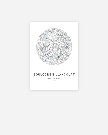 Affiche minimaliste de Boulogne-Billancourt représentant le plan de la ville en design épuré.